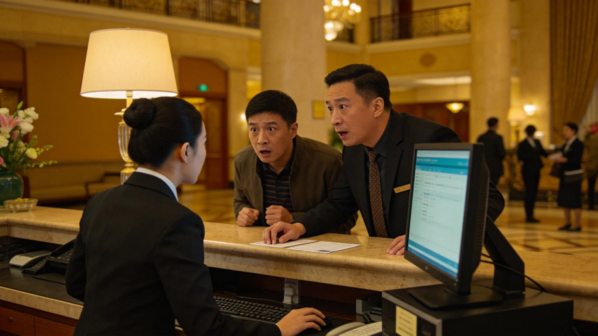 jimeng-2026-03-13-6567-国内酒店前台被催票场景实拍图,前台使用新款台式电脑,客人在前台急切催促,环境真实....png