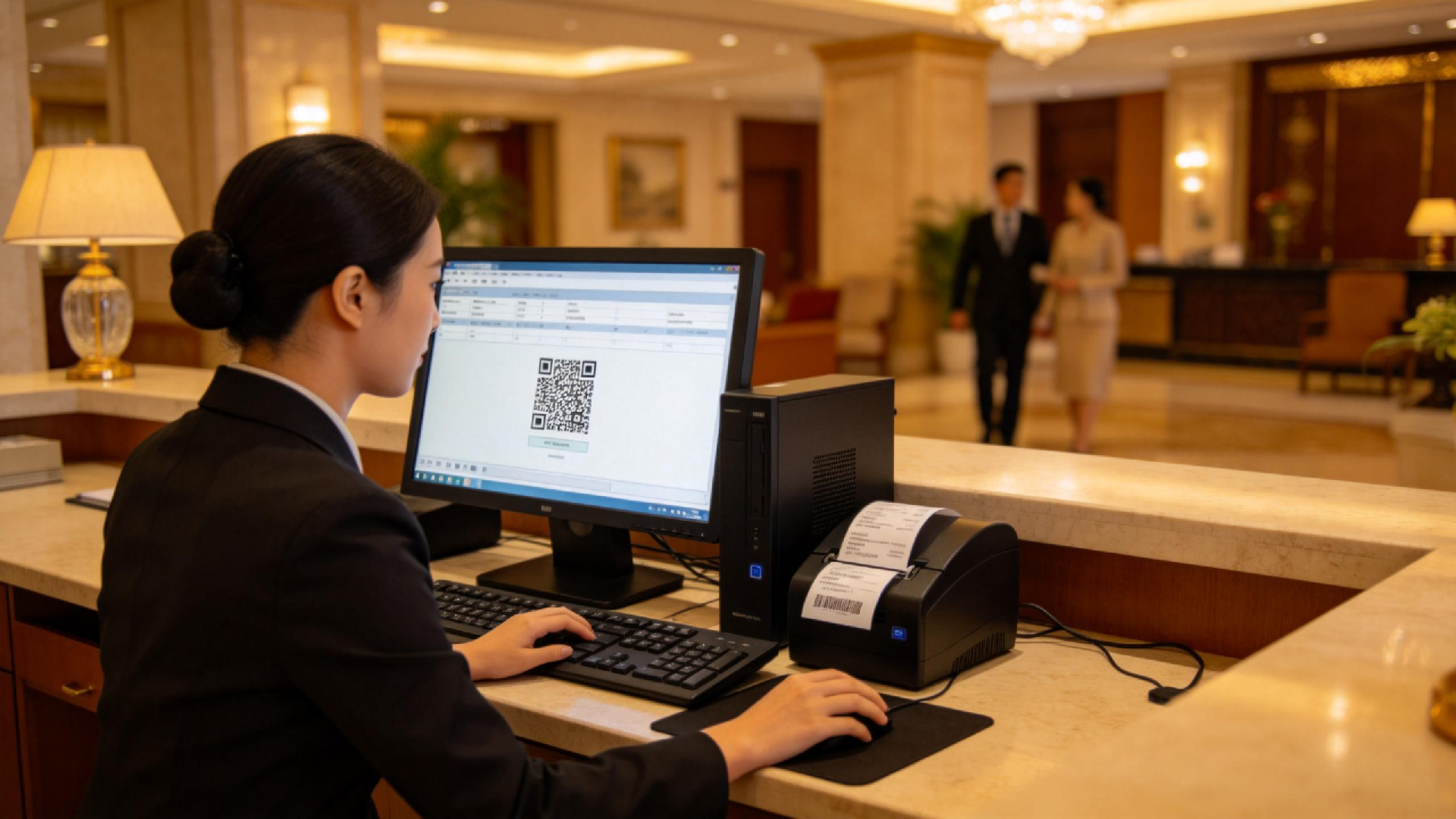 jimeng-2026-03-13-5912-国内酒店前台操作电脑打印带二维码小票场景实拍图,前台使用新款台式电脑,小票界面显....png
