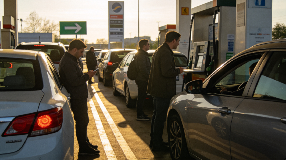 jimeng-2026-03-17-1661-加油站返程高峰排队开票实拍图1张， 车主抱怨场景示意图1张， 加油机旁开票码张贴....png