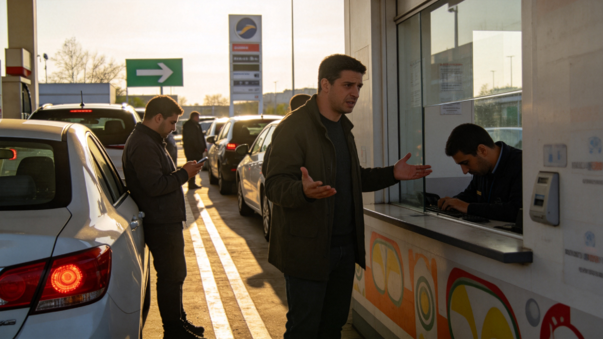 jimeng-2026-03-17-3346-加油站返程高峰排队开票实拍图1张， 车主抱怨场景示意图1张， 加油机旁开票码张贴....png