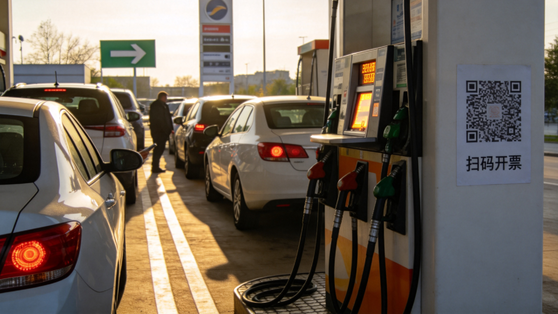 jimeng-2026-03-17-9160-加油站返程高峰排队开票实拍图1张， 车主抱怨场景示意图1张， 加油机旁开票码张贴....png