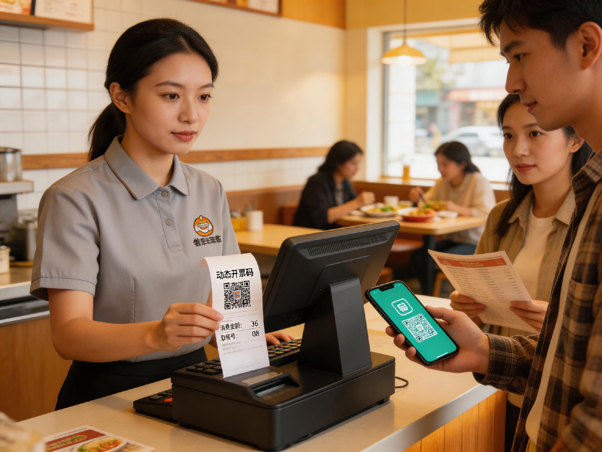 jimeng-2026-03-19-5128-真实连锁餐饮收银台场景，饭点时段忙碌有序，收银员操作设备打印小票（小票清晰显示动....png