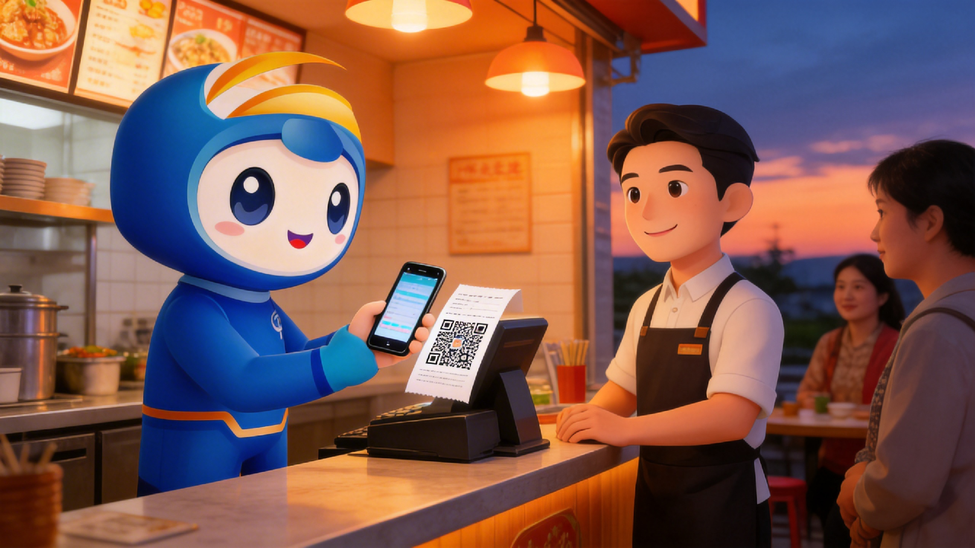 jimeng-2026-04-13-4768-@图片1 分为两个形象:一个是顾客造型,手持手机对着收银台的开票二维码扫码,另一....png